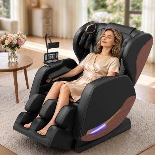 yewglen 2026 Massage Chair, Zero Gravity Full Body with 14 Fixed Rollers | Back, Waist & Foot Massage, 8 Airbags, Heating, Wood Grain Leather, Bluetooth & Control Screen, Office & Home Use
