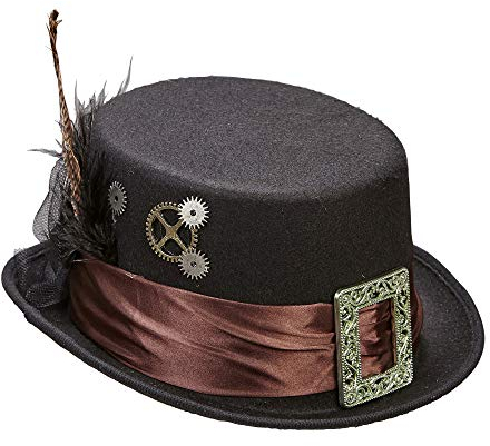 W WIDMANN MILANO Party Fashion 60812 - Zylinder Steampunk, Schwarz, aus Filz, mit Zahnrädern und Federn, Kopfschmuck, Accessoire, Mottoparty, Karneval