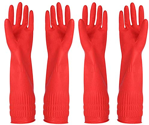 YSLON Rubber Cleaning Gloves Kitchen Dishwashing Glove 2-Pairs and Cleaning Cloth 2-Pack,Waterproof Reuseable.(Red, Small)