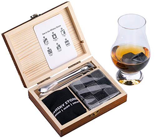 VOVZON Whiskey Chilling Stones Gift Set for Men - 9 Whisky Scotch Bourbon Stones in Wooden Box, Christmas/Birthday/Anniversary/Retirement Gift/Present for Father Dad Boyfriend Colleagues