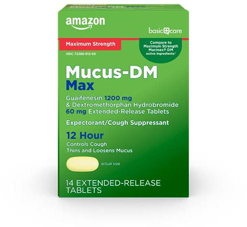 Amazon Basic Care Maximum Strength Mucus DM, Expectorant and Cough Suppressant, Chest Congestion Relief, 12 Hour, 14 Tablets