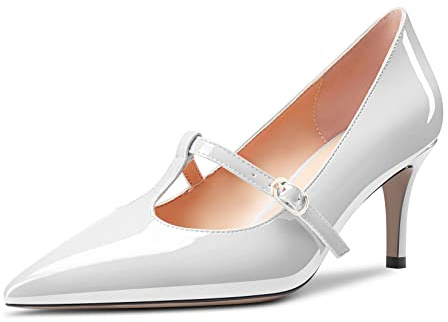 Castamere Donna Spillo Medio Gattini Tacco Heel Chiusa a Punta Slip-on T-Strap Pumps da Matrimonio Feste Dress Scarpe 6.5 CM Heels Bianco 45 EU