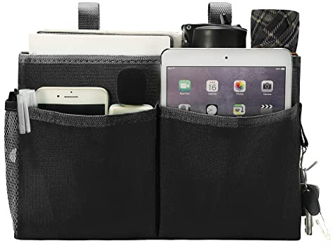 Bseash Bunk Bed Organizer, Bedside Caddy Hanging Bed Organizer Storage Bag with 4 Pockets and 2 Hooks, for College Dorm Rooms Bed, Hospital Bed, Baby Bed Rails, 600D Oxford Cloth (Black)