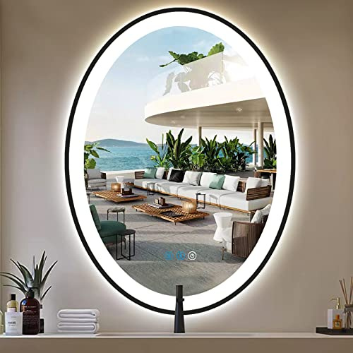 DIDIDADA 36 x 24 Inch Black Frame Oval LED Mirror for Bathroom Salon Wall Mounted Antifog Smart Memory 3 Color Dimmable 36 Ovals LED Bathroom Mirror with Light Black Framed Oval Lighted Vanity Mirror