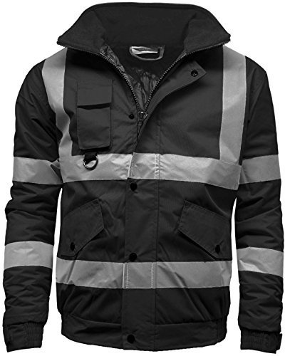 Golomak® Hi Vis Viz Bomber Jacket High Visibility Workwear Safety Security Hooded Padded Waterproof Taped Seams Work Wear Coat Top (Black, Large)