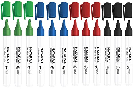Nataraj 12 x Whiteboard Marker Pens 2.5mm Chisel Tip Blue, Black, Red, Green Erasable Dry Wipe Marker For Office and Home - Sold By VR Angel