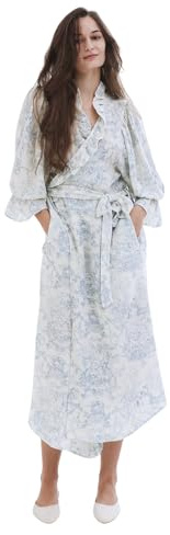 NOTHING FITS BUT Muslin Gauze Robe Maternity Gown, Women’s Cotton Classic Nursing Robe, Puffed Sleeves, Baby Blue, One Size