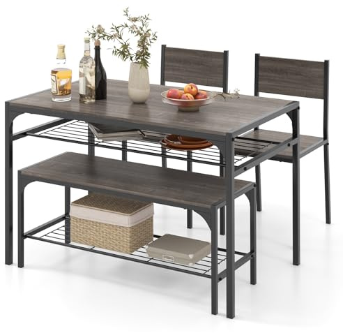 GIANTEX Matbord med 2 stolar & bänk, köksbord matbord med hylla, matgrupp industri i trä & metall, matgrupp sittgrupp, matbordsset för 4 personer (Grå ek)