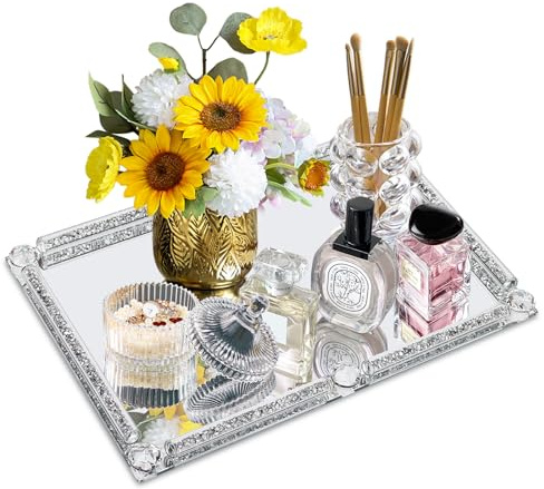 YCWF Large Mirror Perfume Tray for Dresser,Crushed Diamond Filled Glass Vanity Tray,Decorative Bathroom Tray,Crystal Tray for Home Decorative,Party,Hotel Banquet,15.7x11.8x1.4inch,Silver