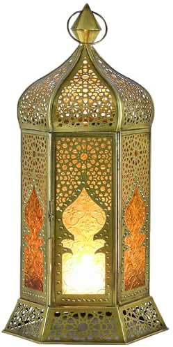 Marrakesch Boho Deko Teelichthalter Windlicht aus Metall & Glas Louay orange 40cm | Orientalische Kerzenhalter Laterne als Marokkanische Balkon Garten oder Wohnzimmer Deko | Gartendeko für draußen