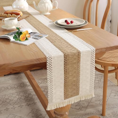 Coffee Table Runner Boho with Tassels 180x30 cm Woven Cheesecloth Table Runner for Bohemian Style Decoration, Daily Home Dining Table Decoration, Wedding Parties (Coffee, 180X30 CM)