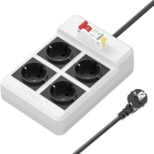FI Steckdose 4-Fach mit 3M Verlängerungskabel, SAFEMORE FI/LS Steckdosenleiste mit 16A FI Schalter Typ A (Kurve C), Mehrfachsteckdosen with 30mA Geschützter Leistungsschalter, Weiß