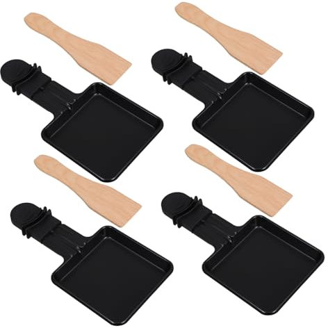 Cabilock Electric Cheese Grill Pan Set 4 Non-Stick Metal Raclette Pans and Wooden Spatulas, Small Cheese Baking Trays for Melting and Grilling, for Indoor Barbecue and Kitchen Supplies