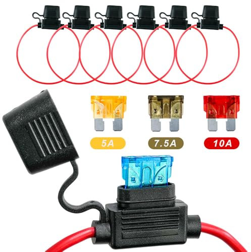 Selyse 6 Stück 18AWG Sicherungshalter für KFZ, LKW, Auto, Motorrad, wasserdicht mit Inline Flachsicherungen, Kupferkabel, Standard Sicherungen für Auto/Boot 2 * 5A 2 * 7.5A 2 * 10A