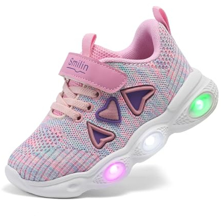 SMILIN Kids Girls Light Up Tennis Shoes, Breathable Lightweight Flashing Sneakers, Adorable Glowing Running Walking Gym Shoes for Toddler Little Kid Pink Size 10.5