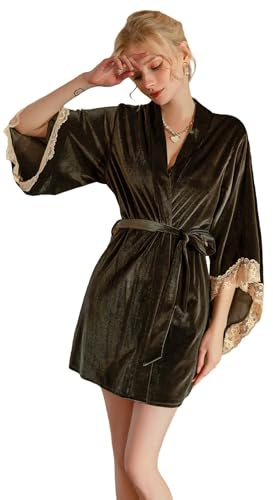UPVV Women's Velvet Kimono Robes Soft Fuzzy Bathrobe Short Bridal Wedding Robe Nightgown, Moss, One Size