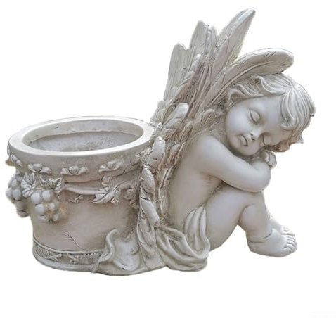 TONIXY Elegante vaso per piante bianche ad ala d'angelo, ornamento da giardino in resina con fori di drenaggio, per piante grasse e piccole piante (angelo destro)