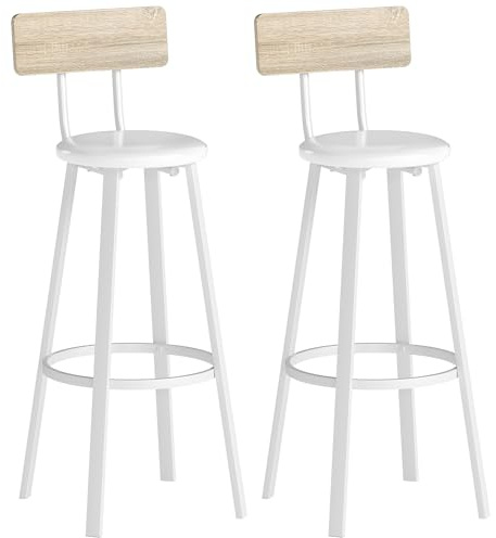 HOMCOM Juego de 2 Taburetes de Bar, Taburetes Altos de Cocina con Respaldo y Reposapiés, Tapizados de PU, Asiento de 75,5 cm de Altura, Fácil Montaje, Estilo Industrial, Natural y Blanco