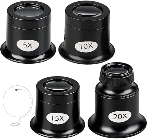 4 Pièces Loupes de Bijoutier Kits 5X 10x 15x 20x Loupe Horloger avec Porte-Fil Jewelers Loupes d'Horloger de Différentes Forces pour Montre Horloge et Détails Précis Réparation