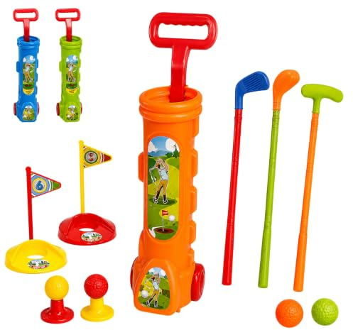 Set de golf pour enfants avec sac à roulettes, 3 clubs de golf, 4 balles, 2 trous avec drapeau, 2 tee shots, jeu de golf pour enfants, intérieur et extérieur, jeux de jardin, jeux de golf, jeux de
