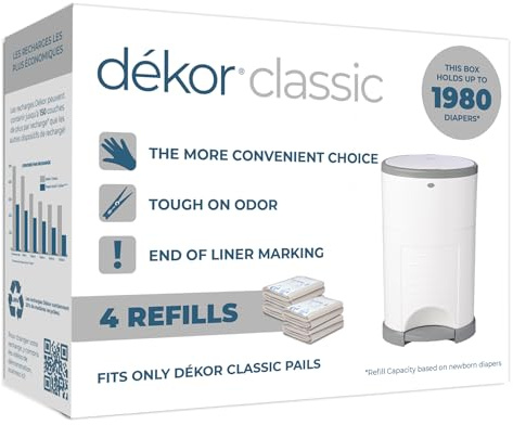 Diaper Dekor Classic Diaper Pail Refills | 4 Count | Most Economical Refill System | Quick & Easy to Replace | No Preset Bag Size Use Only What You Need | Exclusive End-of-Liner Marking