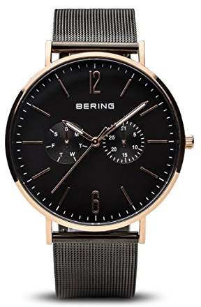 BERING 14240-163 Reloj de cuarzo para hombre con caja de acero inoxidable de 40 mm con acabado en oro rosa y esfera negra, correa milanesa, cristal de zafiro y resistencia al agua de 3 ATM, 13940-404