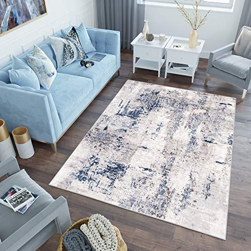 TAPISO Sky Teppich Kurzflor Modern Beige Blau Grau Hellgrau Vintage Meliert Verwischt Design Wohnzimmer Schlafzimmer 3D Optik ÖKOTEX 120 x 170 cm