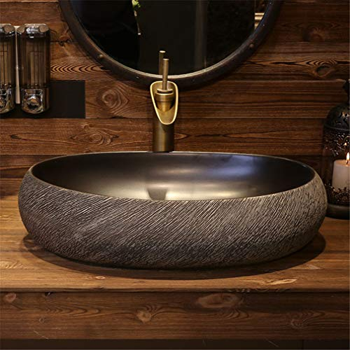 FLYFO Creative Countertop Washbasin Chinese Ceramic Art Sink Oval Retro Household Bathroom Wash Basin Pattern Splash-proof Large Space 60cm