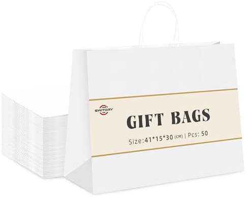 Switory White Gift Bag, 50 Pcs Shopping Paper Bag with Twisted Handles for Party Favor,Christian Festival,Thanksgiving Day, Christmas Day 16x6x12 Inch