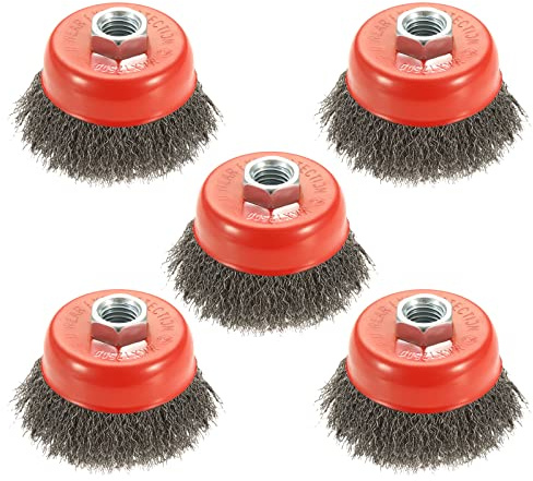 AUPREX 5 Pack 3 Inch Coarse Crimped Wire Cup Brush for Angle Grinder with 5/8 Inch-11 Threaded Arbor - 0.014 Inch Carbon Steel Wire -Light Duty Conditioning for Metals