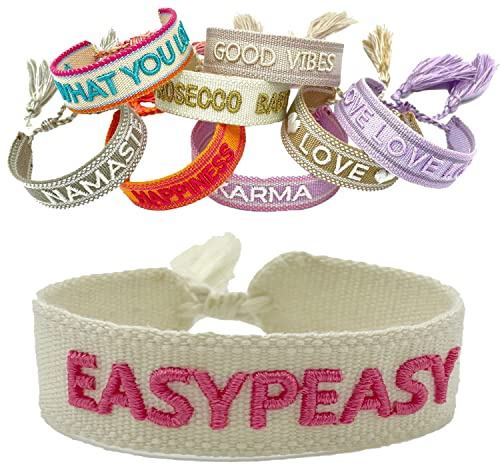 LS-LebenStil Exklusives Statement Armband - das Original - EasyPeasy Creme Pink 16-20cm Quasten besticktes Boho Canvas Webarmband Damen Freundschaftsarmband Geschenk gewebt textil Stoffarmband