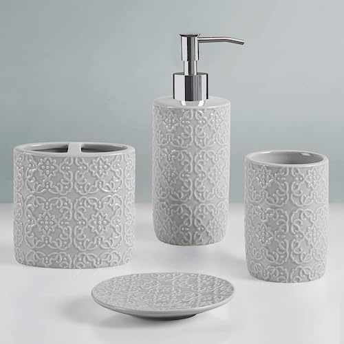 Martha Stewart Ceramic Bathroom Accessories Set, Vanity Decor Storage Organizer, Embossed Damask Medallion, Lotion/Soap Dispenser, Toothbrush Holder, Tumbler, Trinket Dish, Assorted Sizes Grey