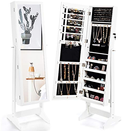 COSTWAY Armoire à Bijoux sur Pied avec Miroir Psyché, Meuble de Rangement et Présentoir Cosmétiques avec Porte Verrouillable, 4 Angles d'Inclinaison, Grande Capacité, 41 x 36,5 x 146 cm (Blanc)