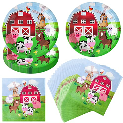 Set Stoviglie Compleanno Fattoria Serve 20 Ospiti, Stoviglie per Feste di Compleanno, 40 pezzi Stoviglie per Festa Fattoria, 20 Piatti di Carta e 20 Tovaglioli di Carta, Decorazioni per Feste