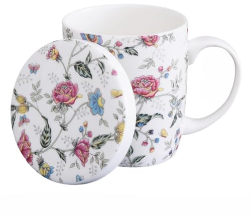 Sizikato Porcelain Mug with Lid, 10oz Bone China Milk Mug Coffee Mug, Colorful Floral Pattern