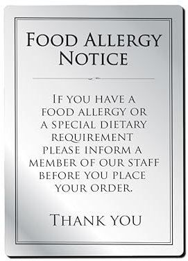 Food Allergy Sign Notice Allergen Intolerances A4 Silver 297 x 210mm Bar Restaurant Catering Silver Warning Sign