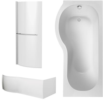 Balterley 1700 x 850mm P Shape Shower Bath with Leg Set, Chrome P Shape Shower Screen with Towel Rail & P-Shaped Bath Panel, Left Hand Single Ended Gloss White Soaking Baths, Acrylic Baths (White)