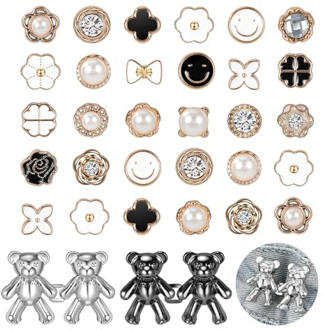 34 Piezas Botones de Broche de Camisa Pines Invisibles de Botón sin Coser de Perlas Sintéticas sin Costuras Juegos de Tensores de Cintura para Pantalones Vaqueros de Pantalón Ajustable Desmontable