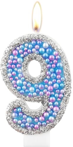 Macaron 9th Birthday Candles,Purple Blue Number 9 Candle for Cake, Color Pearl Candles, Macaron Themed Birthday Decorations, Sparkler Birthday Candle Cake Topper for Girls Boys Birthday Party Supplies