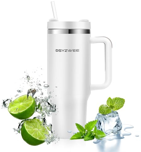 DSYZWEE Tumlare med handtag, 4 oz rostfritt stål dubbelvägg vakuumisolerad kaffevattenflaska termos, bil kaffemugg tumlare med sugrör med handtag för varm och kall vit