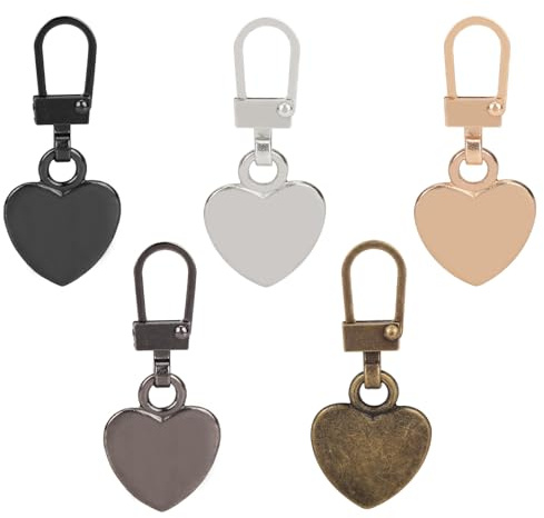 5pcs Zipper Pulls, Heart Shaped Zipper Pull Replacement 5 Colors Detachable Metal Zipper Handle Mend Fixer Zipper Tab Zip Repair Kit for Jacket Luggage Backpack Handbags Purse