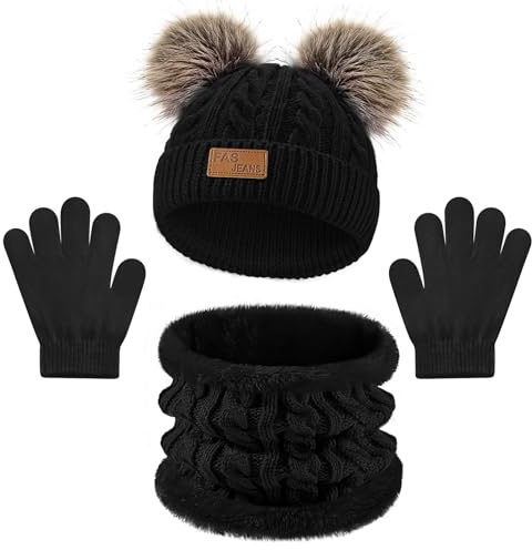 Warmiehomy Kids Hat Scarf and Gloves Set 3 in 1,Girls 3Pcs Winter Beanie Pompom Hat Fleece Lining Scarf Knitted Gloves Winter Accessories Sets for Aged 2-8 Children Outdoor Activities (Black)