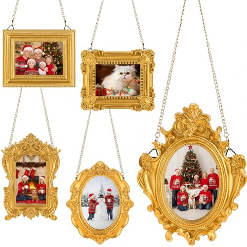 Qunclay Small Gold Frames Mini Tiny Vintage Antique Baroque Ornate Resin Oval Hanging Picture Frames with Chain for Home Wedding Holiday Decor