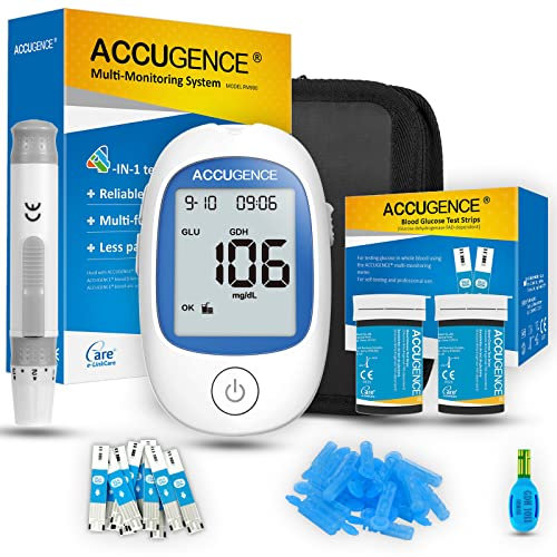 ACCUGENCE 3en1 Medidor de Glucosa Multifuncional Con 50 tiras reactivas de Glucosa y 50 Lancetas. (3 en 1 Multifuncional Con Cetonas, Glucosa y ácido úrico)