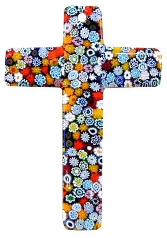 OVUNQUE PROTEGGIMI Croce in Vetro di Murano, Crocifisso in vero vetro di Murano, Motivo Millefiori Multicolore, Arte Sacra da Parete (medium: 14x20 cm)