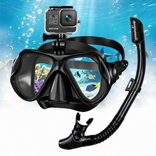 Shyllin Maschera Snorkeling, Maschera Subacquea Adulti con Supporto per Fotocamera, Set per Snorkeling con Maschera e Snorkel,180° Panoramici Anti-Appannamento Vetro Temperato Nuoto (Nero)