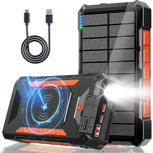 Power Bank Solar 26800mAh, 45W PD Bateria Externa Carga Rapida, Bateria Externa Inalámbrica con 3 Puertos y Linterna LED, Cargador Solar para Movil, Tabletas, Camping (Naranja)