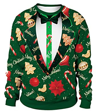 BVEBJDX Mens Ugly Christmas Sweatshirt Novelty Printed Xmas Jumper Funny Graphic Pullover Long Sleeve Tops Round Neck Sweater Ugly Christmas Jumpers Santa Claus T-Shirt Festival Costume
