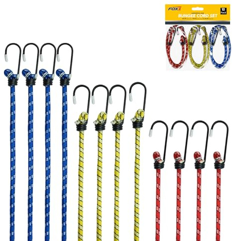 Heavy Duty Bungee Cords With Hooks- Pack of 12 Bungee Cord, UV Resistant Double Braided Elastic Long Bungee Straps For Securing Tents, Luggage and Cargo- Strong Rope Military Grade