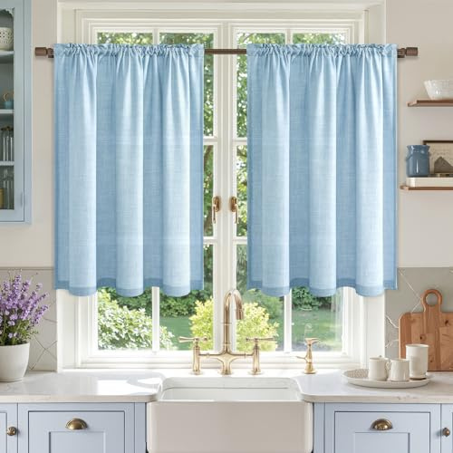 MRTREES Fönstergardiner blå linneutseende halvtransparent, köksgardiner, moderna fönstergardiner för kök, köksfönster, vardagsrum, lantlig stil, bistrogardin, set om 2 stycken H 90 x B 60 cm
